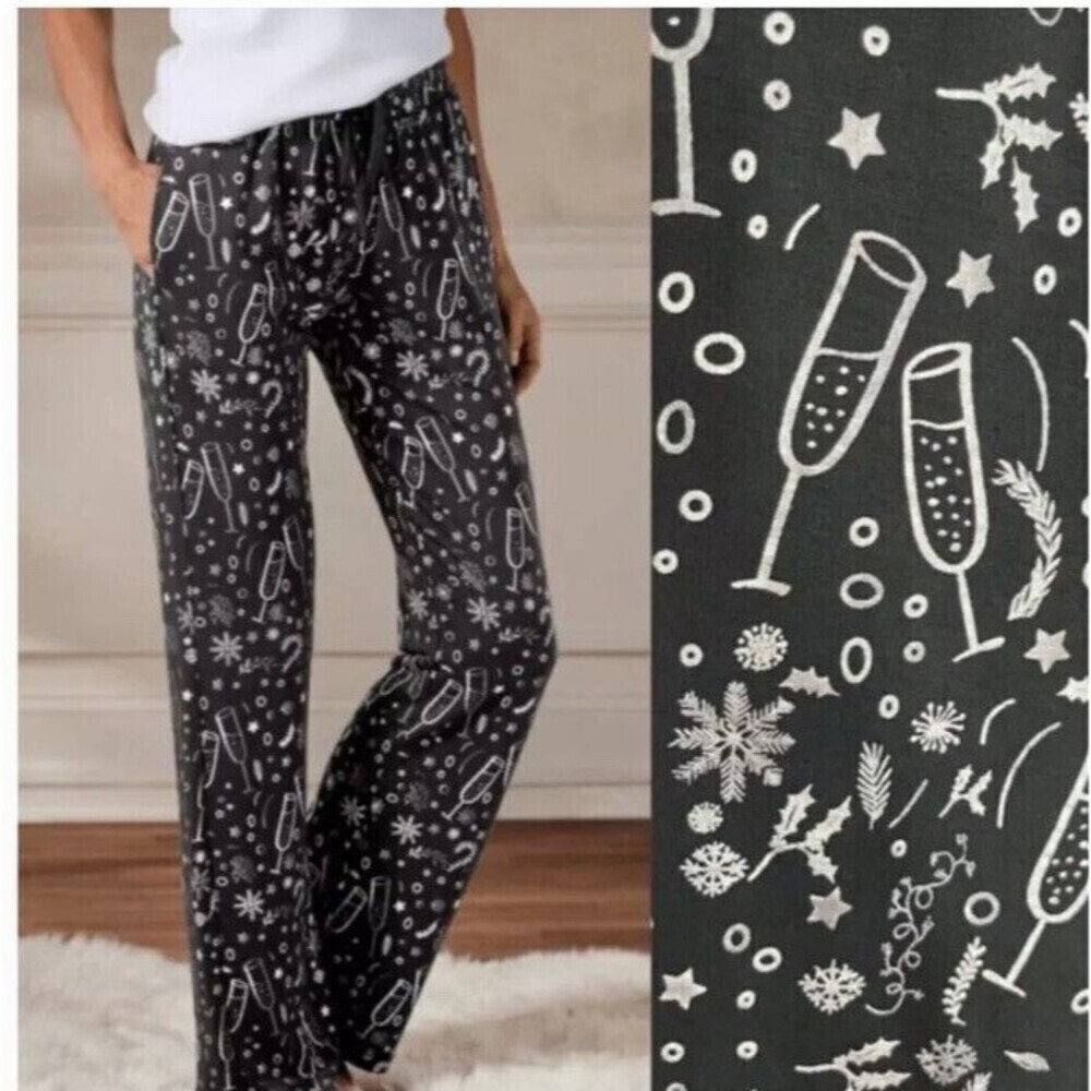Soft Surroundings Get Toasty PJ Lounge Pants Champagne Winter Holiday XL Black
